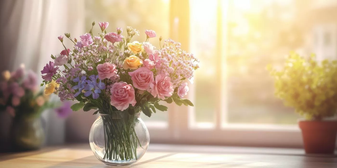 Beautiful flower arrangement displayed on a table near a bright window with indirect sunlight